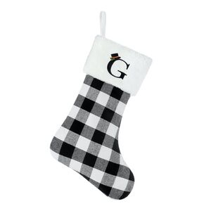 Christmas Stocking with G Initial, 20 Inch Black & White Buffalo Plaid Stocking